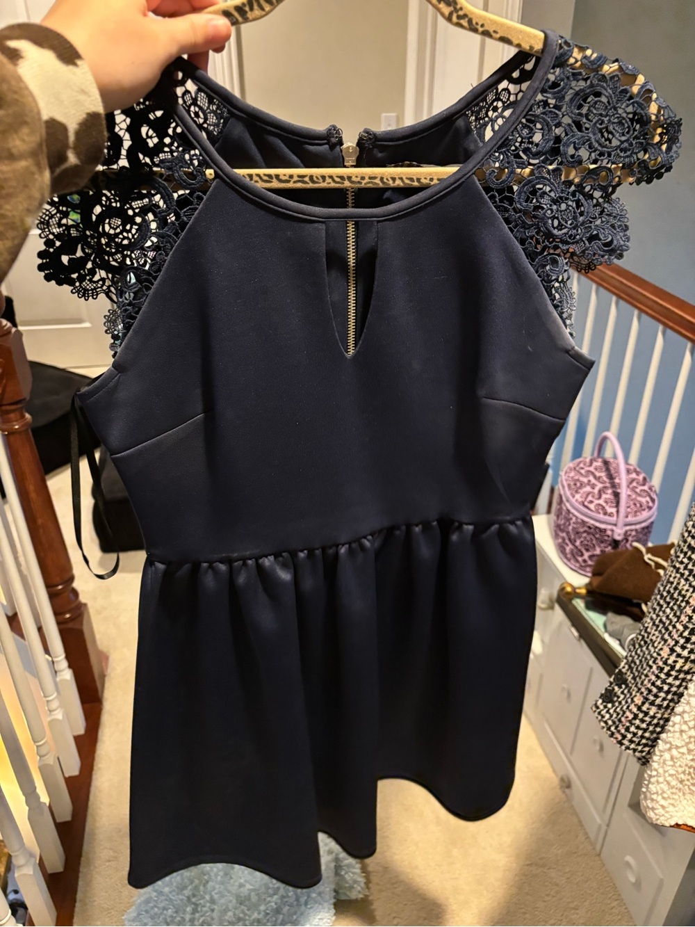 City Studio Navy Lace-Sleeve Fit & Flare Dress
